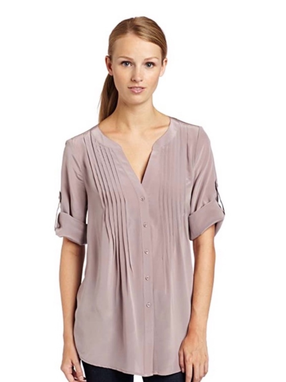 BCBGMaxAzria Dusty Purple Taupe Pintuck V Neck Button Blouse